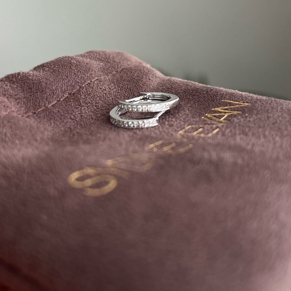 14K White Gold & Diamond Huggie Earrings - Picture 4 of 6